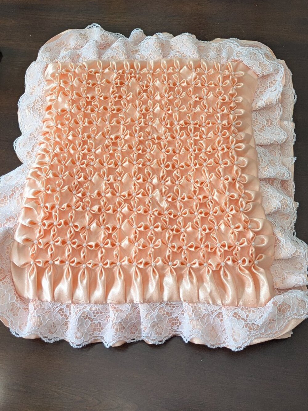 Boho-style coral cushion cover, handmade and embellished with pearls. New